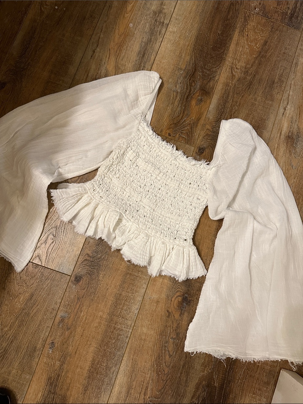 Free People long wide sleeve smocked gauze boho shirt size XS white
